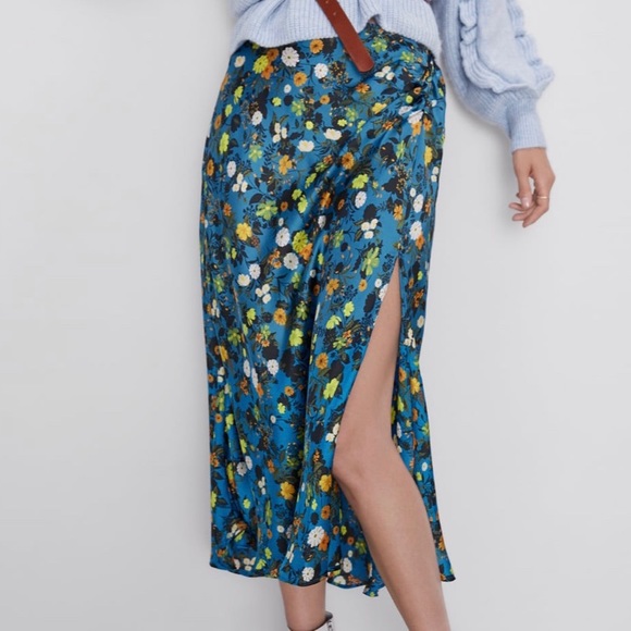 Zara Skirts Zara Blue Satin Floral Skirt Poshmark